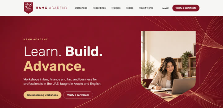 HAMG Academy home page in English, reading left to right